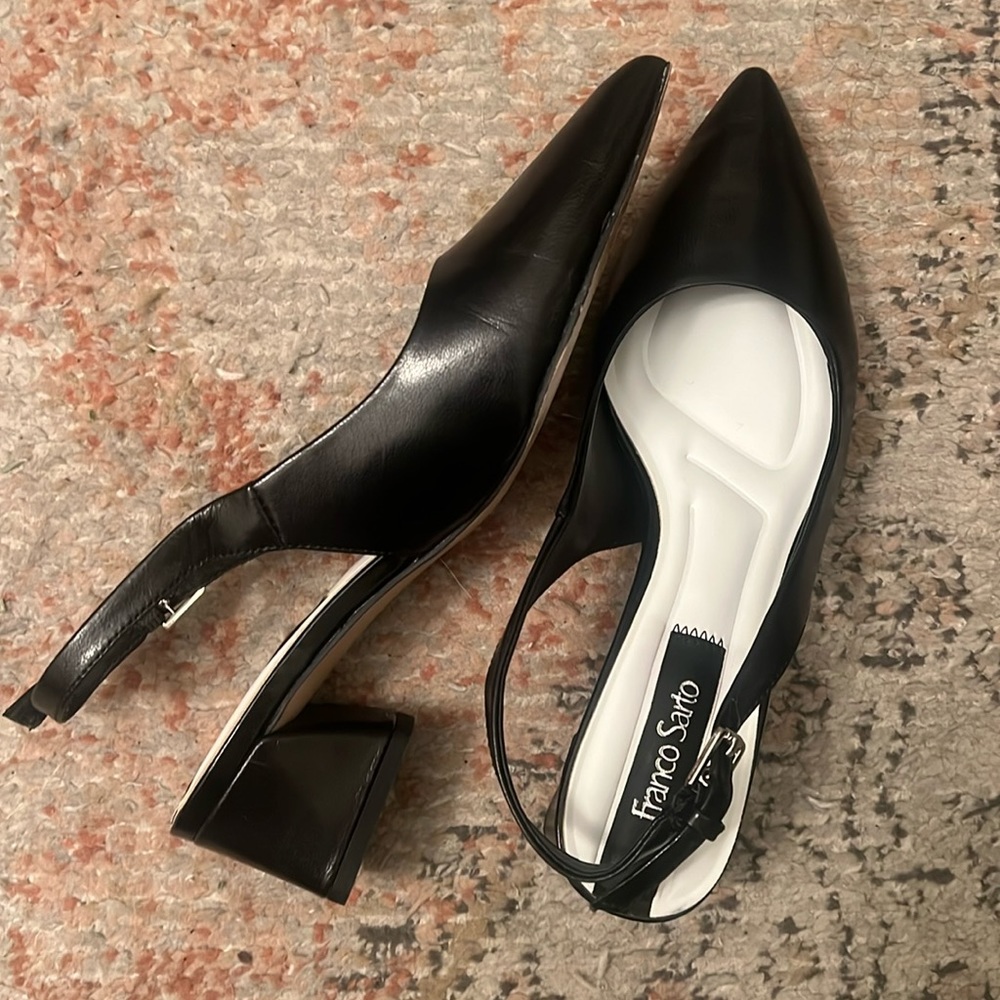 Black kitten heel sling backs